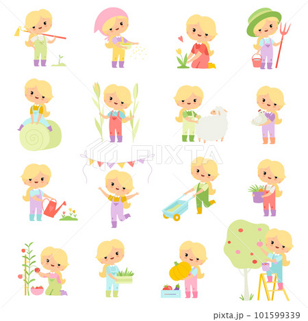 Little Blond Girl Farmer in Jumpsuit and Hat at Farm Working in the Garden Big Vector Set 101599339