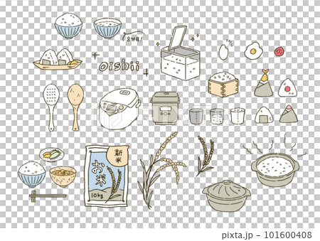 お米とおにぎりと炊飯器のイラストレーションセット お米とおにぎりと炊飯器のイラストレーションセット 101600408