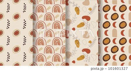 Aesthetic patterns. Boho patterns. Set of seamless pattern with rainbows, moon, sun, leaves, dots and abstract shapes in boho and aesthetic style. Vector Illustration. 101601327
