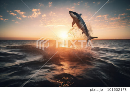 This stock photo captures the intense moment of a shark jumping out of the water during a beautiful sunset, evoking a sense of adventure and excitement. AI Generative. This stock photo captures the intense moment of a shark jumping out of the water during a beautiful sunset, evoking a sense of adventure and excitement. AI Generative. 101602173
