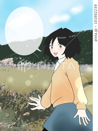 田舎の風景とポーズをとる女の子のイラスト(3) 101602239