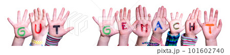 Children Hands Building Gut Gemacht Means Well Done, Isolated Background Children Hands Building Gut Gemacht Means Well Done, Isolated Background 101602740