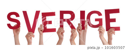 People Hands Building Word Sverige Means Sweden, Isolated Background 101603507