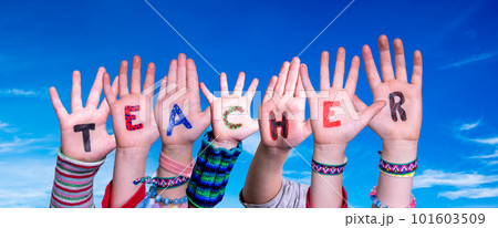 Children Hands Building Word Teacher, Blue Sky Children Hands Building Word Teacher, Blue Sky 101603509