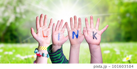 Children Hands Building Word Link, Grass Meadow 101603584