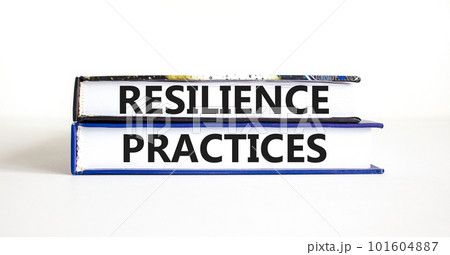 Resilience practices symbol. Concept word Resilience practices typed books. Beautiful white table white background. Business and resilience practices concept. Copy space. Resilience practices symbol. Concept word Resilience practices typed books. Beautiful white table white background. Business and resilience practices concept. Copy space. 101604887