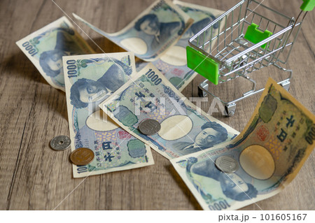 ショッピングカートと散らばったお金　お札と硬貨の現金が床に散らばっている　生活費高騰イメージ 101605167