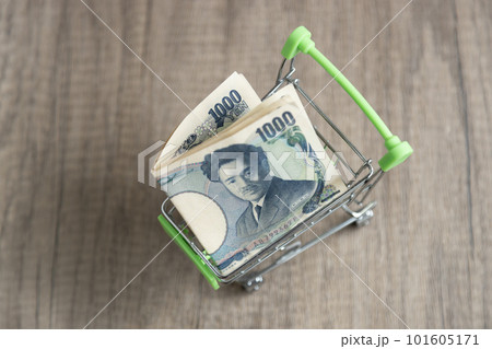 ショッピングカートに千円札が入っている　現金で買い物をしているイメージ 101605171