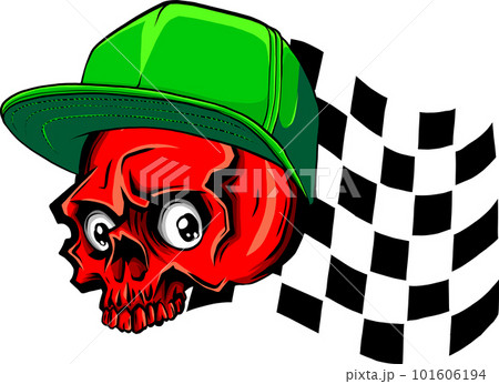 vector illustration of skull with hat and racing flag on white background. digital draw 101606194