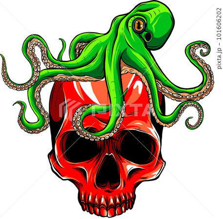vector illustration of green kraken with red skull on white background. digital draw 101606202