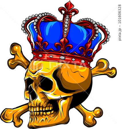 Hand drawn skull with crown and crossed bones in cartoon vintage style isolated on white background. 101606328