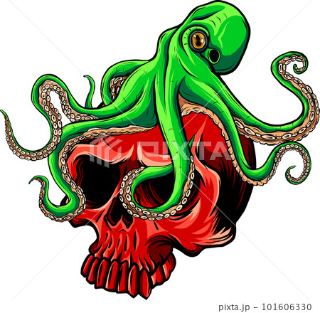 Octopus in human skull color vector illustration on white background 101606330