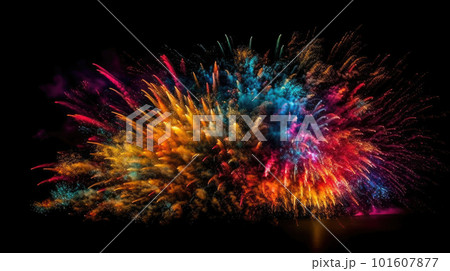 Celebration multicolored fireworks, copy space. 4 of July, 4th of July, Independence Day beautiful fireworks. Canada Day holidays salute. New Year celebration colorful fireworks. 101607877