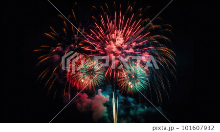 Celebration multicolored fireworks, copy space. 4 of July, 4th of July, Independence Day beautiful fireworks. Canada Day holidays salute. New Year celebration colorful fireworks. Celebration multicolored fireworks, copy space. 4 of July, 4th of July, Independence Day beautiful fireworks. Canada Day holidays salute. New Year celebration colorful fireworks. 101607932