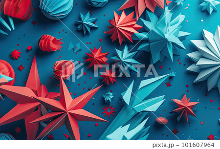 Independence Day paper art. 4th of July. Patriot America. Blue and red stars. Independence Day paper art. 4th of July. Patriot America. Blue and red stars. 101607964