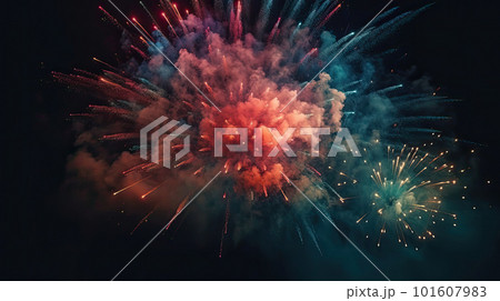 Celebration multicolored fireworks, copy space. 4 of July, 4th of July, Independence Day beautiful fireworks. Canada Day holidays salute. New Year celebration colorful fireworks. 101607983