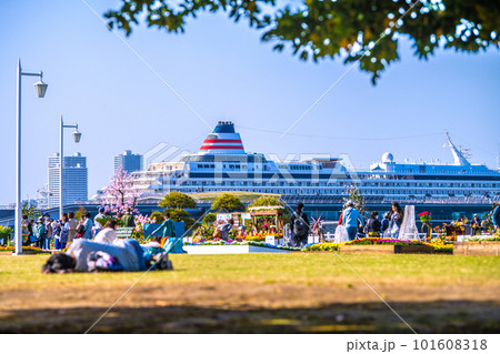 日本の横浜都市景観 山下公園や飛鳥Ⅱなどを望む 日本の横浜都市景観 山下公園や飛鳥Ⅱなどを望む 101608318