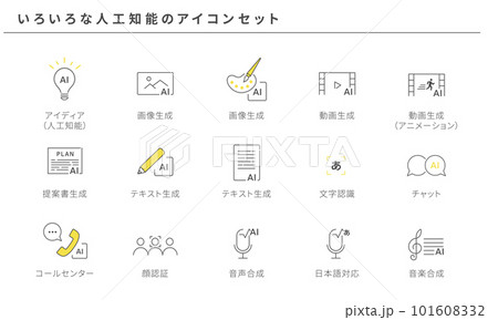 いろいろな人工知能のシンプルアイコンセット、ベクター 101608332