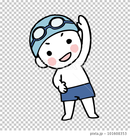 Illustration of a boy doing warm-up exercises in a swimsuit Illustration of a boy doing warm-up exercises in a swimsuit 101608353