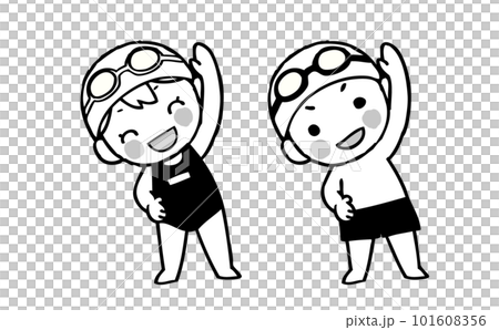 水着で準備体操をする女の子と男の子のイラスト モノクロ 水着で準備体操をする女の子と男の子のイラスト モノクロ 101608356