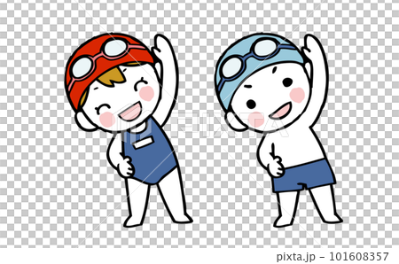 水着で準備体操をする女の子と男の子のイラスト 水着で準備体操をする女の子と男の子のイラスト 101608357