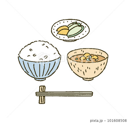 ご飯と味噌汁と漬物　和食のイラストレーション 101608508