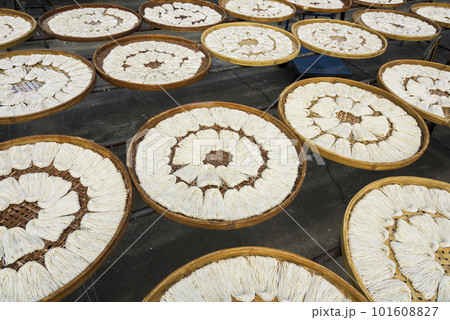 Close-up of traditional handmade noodle-making drying outdoors in Guanmiao, Tainan, Taiwan. 101608827