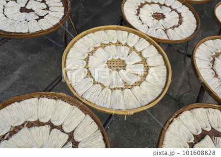 Close-up of traditional handmade noodle-making drying outdoors in Guanmiao, Tainan, Taiwan. 101608828