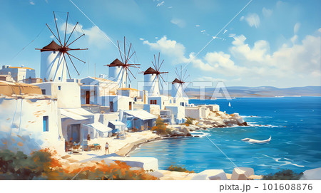 Illustration of beautiful view of Mykonos island, Greece 101608876