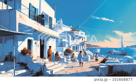 Illustration of beautiful view of Mykonos island, Greece 101608877