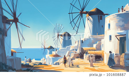 Illustration of beautiful view of Mykonos island, Greece 101608887
