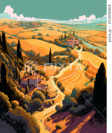 Illustration with a beautiful view of the hills of Tuscany, Italy 101608968