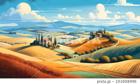 Illustration with a beautiful view of the hills of Tuscany, Italy 101608996