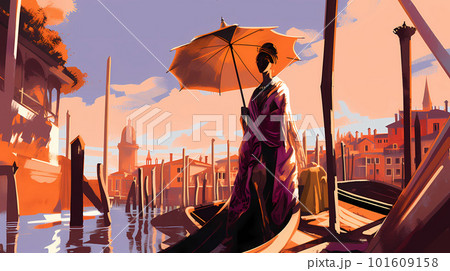 Illustration of the beautiful city of Venice. City of gondoliers, bridges, carnivals and love. Italy 101609158