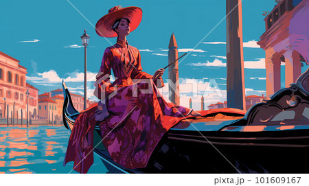 Illustration of the beautiful city of Venice. City of gondoliers, bridges, carnivals and love. Italy 101609167