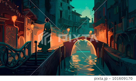 Illustration of the beautiful city of Venice. City of gondoliers, bridges, carnivals and love. Italy 101609170