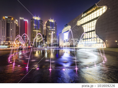 The large area of park space in front of the National Taichung Theater in Taiwan and the landscape of modern buildings on both sides. The large area of park space in front of the National Taichung Theater in Taiwan and the landscape of modern buildings on both sides. 101609226