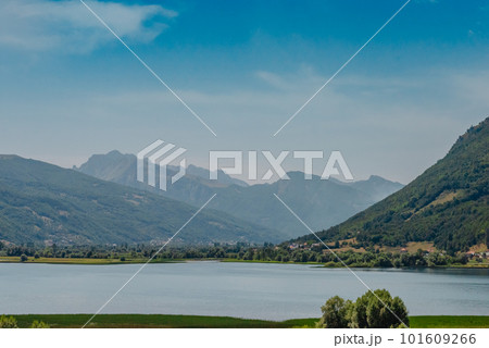 Montenegro. Kotor Bay. A picturesque view from the water to the coastal town of Dobrota. Kotor bay in a beautiful summer day, Montenegro 101609266