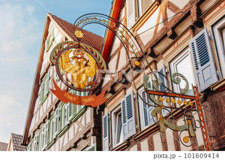 Marbach am Neckar, Freiberg am Neckar, Germany, Baden Württemberg. The Old Fachwerk houses in Germany. Scenic view of ancient medieval urban street architecture with half-timbered houses in the Old 101609414