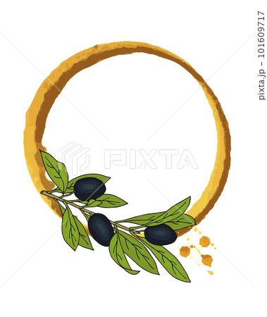Watercolor frame with branch of black olives. Drawn by hand. For design labels, stickers. 101609717