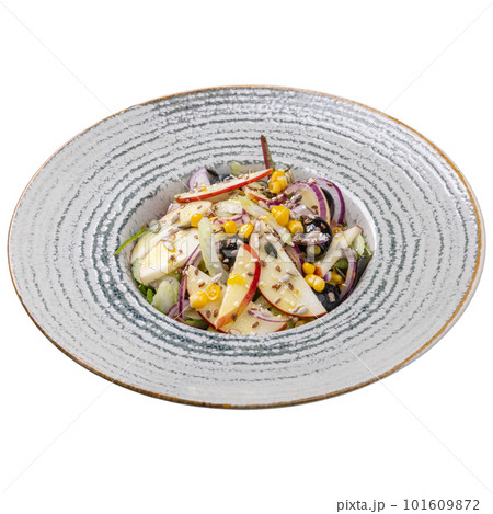 Vegetarian salad with sweet corn and apples 101609872