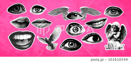 Woman lips and eyes as retro halftone collage elements for mixed media design. Mouth, angel, pigeon, wings in halftone texture, dotted pop art style. Vector illustration of grunge punk crazy art 101610549