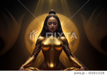 Silhouette of a girl sitting in a lotus position in the rays of golden light. The concept of meditation, self-improvement, exit to the astral plane, activation of the chakras. Generative ai. 101611528