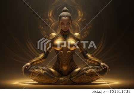 Silhouette of a girl sitting in a lotus position in the rays of golden light. The concept of meditation, self-improvement, exit to the astral plane, activation of the chakras. Generative ai. Silhouette of a girl sitting in a lotus position in the rays of golden light. The concept of meditation, self-improvement, exit to the astral plane, activation of the chakras. Generative ai. 101611535