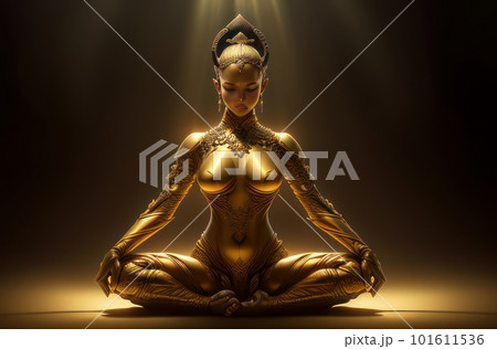 Silhouette of a girl sitting in a lotus position in the rays of golden light. The concept of meditation, self-improvement, exit to the astral plane, activation of the chakras. Generative ai. Silhouette of a girl sitting in a lotus position in the rays of golden light. The concept of meditation, self-improvement, exit to the astral plane, activation of the chakras. Generative ai. 101611536