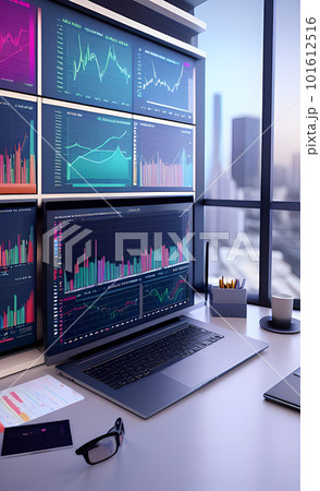 An organized workspace featuring a laptop, tablet, and three monitors. Generative AI An organized workspace featuring a laptop, tablet, and three monitors. Generative AI 101612516