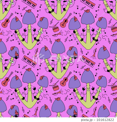Music mushrooms seamless pattern. Pink background with funguses and musical instruments in flat retro style. 101612822