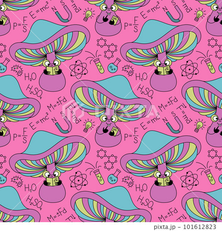 Mushroom student seamless pattern. Pink background with funguses and formulas in flat retro style. 101612823