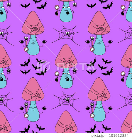 Cave mushroom seamless pattern. Purple background with funguses and spiders and bats in flat retro style. 101612824