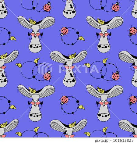 Cute toadstool mushroom seamless pattern. Blue background with fungus and ladybugs in flat retro style. 101612825